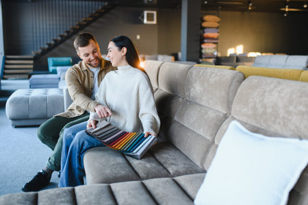 Young couple selecting upholstery material from sample swatches for new sofa, planning home interior designの写真素材