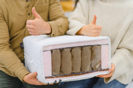 Hands holding a cross section of a pocket spring mattress and giving a thumbs up, showing comfort and quality choiceの写真素材