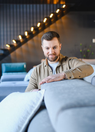 Man evaluating new sofa in a furniture store. He is checking the quality and comfort of the upholsteryの写真素材
