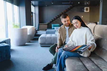 Young couple sitting on a display sofa, looking at various fabric swatches and discussing home interior design optionsの写真素材