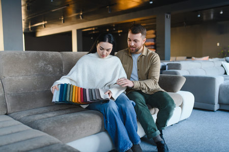 Couple sitting on a sofa, looking at fabric color swatches for home interior design, making important choicesの写真素材