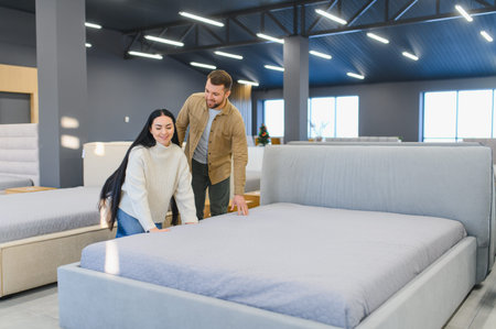 Young couple choosing new bed for home, touching mattress in modern furniture store. Buying comfort and good sleepの写真素材