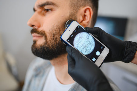 Trichologist analyzing a male client's beard and skin with a dermatoscope attached to a smartphone...
