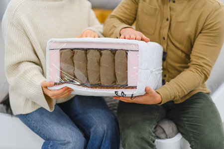 Couple holding a cutaway mattress segment, revealing pocketed springs, foam, and comfort layers for...