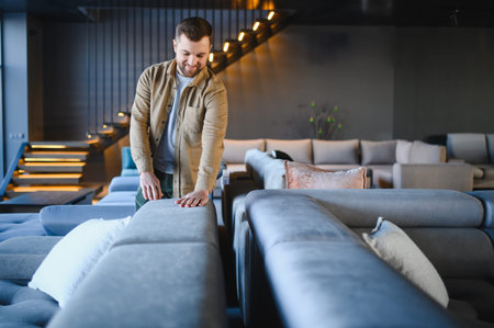 Young man touching upholstery, considering ergonomic design and comfort for his home living room in a contemporary storeの写真素材