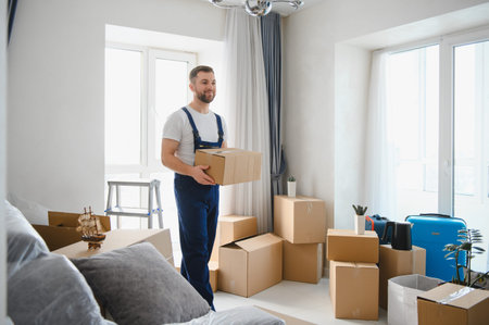 Smiling man in uniform delivering a cardboard box, standing in a bright room with many unpacked boxes after movingの写真素材