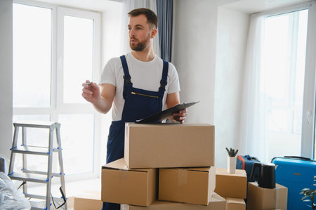 Mover in uniform holding a clipboard, standing among cardboard boxes in a new apartment, ensuring...