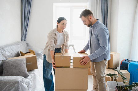 Young couple collaborating, bringing boxes into a new apartment, commencing a new life chapter....