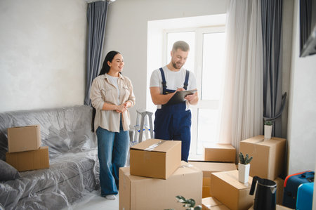 Woman and mover standing among cardboard boxes in an apartment, discussing moving day logistics for...