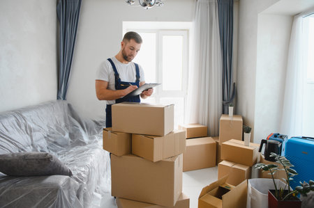 Mover in uniform checking list details during relocation process inside a new apartment with packed...
