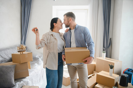 Happy couple moving into their apartment, embracing among cardboard boxes, a woman holding new house...