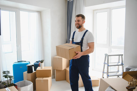 Smiling man in uniform carrying a cardboard box while relocating to a new home. Moving day and professional delivery service conceptの写真素材
