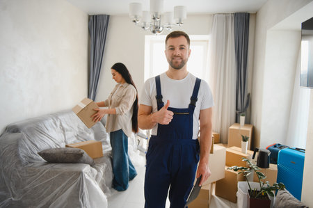 Professional mover smiling, giving thumbs up while woman packs boxes, indicating successful and...