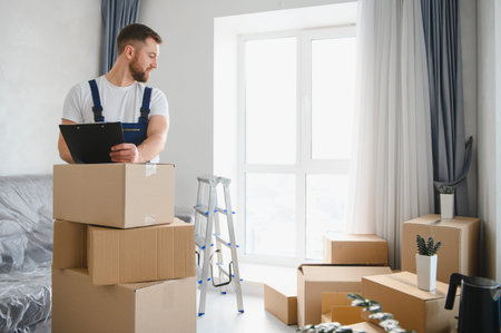 Professional mover standing in an empty room, checking inventory list on a clipboard surrounded by cardboard moving boxesの写真素材