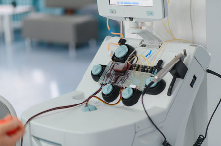 Medical equipment drawing and processing blood from a donor, extracting plasma, platelets, or red...