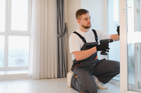 Young male technician in overalls installing a new window frame, performing home renovation and...