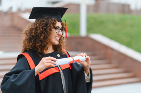 Happy young woman celebrating graduation, wearing cap and gown, holding her university diploma with a joyful smile