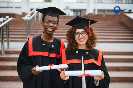 Two smiling students, a man and a woman, wearing graduation caps and gowns, holding diplomas, celebrating achievements
