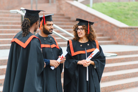 Three diverse students wearing graduation caps and gowns, holding diplomas, and standing on university steps after their ceremony