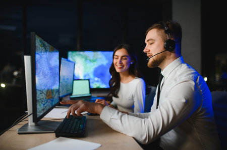 Dispatching team monitoring cargo with navigation software on multiple screens, ensuring efficient freight transportation and logistics