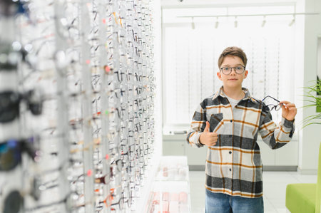Young boy smiling and holding new glasses, giving a thumbs up in an optician shop. Finding perfect eyewear for children's vision