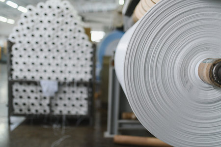 Large roll of industrial polypropylene yarn at a textile manufacturing plant. The production line creates yarn for various fabric applications