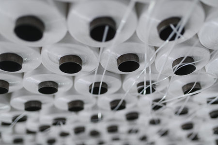 Spools of white synthetic polypropylene filament yarn winding in a textile factory, showcasing plastic material production