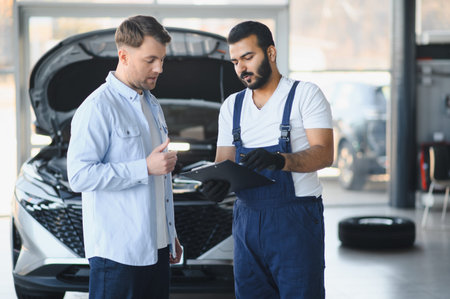 Mechanic and customer reviewing service details on a clipboard in an auto repair shop with a vehicle's hood open