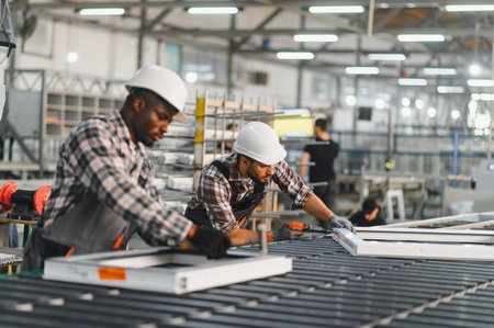 Production line professionals constructing modern window frames at an industrial manufacturing plant. Quality control and industry theme