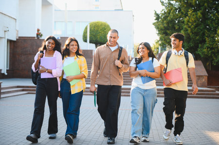 Indian university students carrying books and bags, walking and smiling on campus. Representing education, friendship, and youth