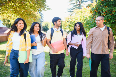 Group of diverse indian students walking through a university campus, carrying folders and talking