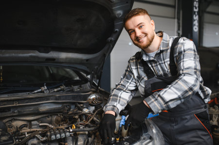 Auto mechanic in overalls and plaid shirt smiling, working on car engine, performing maintenance and diagnostics in a garage