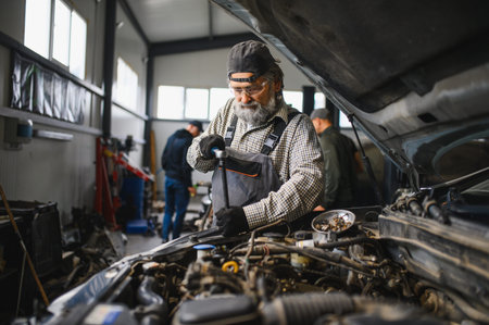 Auto mechanic performing diagnostic work and maintenance on an open car engine in a professional garage