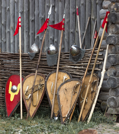 shields, helmets and spears ready for battleの写真素材