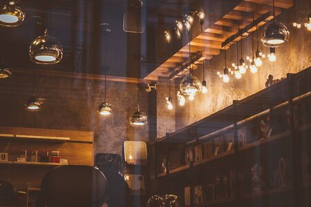 View from the street on the interior of a music storeの写真素材