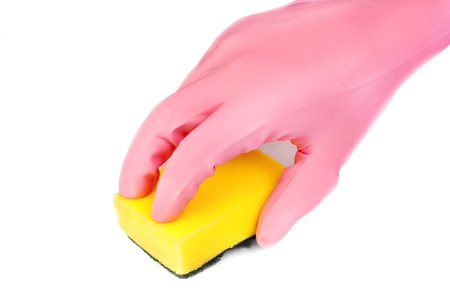hands in glove with latex  holding sponge add bowl isolated on white 
