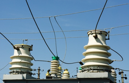 part of high-voltage substation  on the  blue  sky background