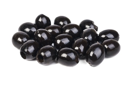 Black pitted olives isolated on whiteの写真素材