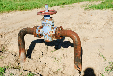 Old oil valve on green grass background の写真素材