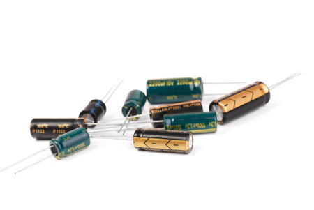 Electrolytic Capacitors  isolated on white backgroundの写真素材