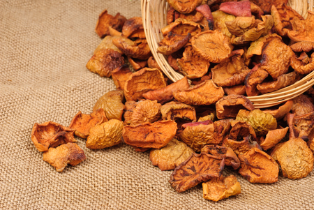 Dried fruit on burlap backgroundの写真素材