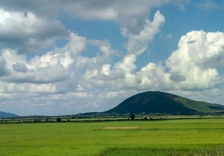 Field with blue sky with clouds green grass fieldの写真素材