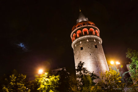Galata Tower in at night view. The elevation at ground level is 35 meters above sea-levelのeditorial素材
