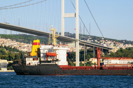 View of the First Bosphorus Bridge cargo vessel in Bosporus, Istanbul, Turkey.のeditorial素材