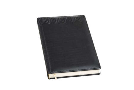 Black leather daily planner isolated on white background. The allows you to save your notes and organized them on a daily basis.の写真素材