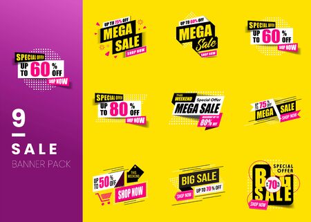 Sale banner modern template design, Mega big sale special offer. end of season special offer banner isolated on yellow background. vector illustration.のイラスト素材
