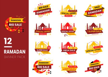 Set of Modern Ramadan Sale banner illustration with lantern, moon, mosque dome and off offers isolated on white background. Religion muslim celebration. Suitable for Greeting Card, Poster and Bannerのイラスト素材