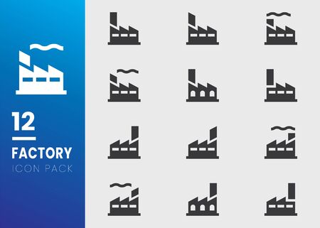 Set of Factory icon. Black silhouette of manufacturing objects isolated on grey background.のイラスト素材