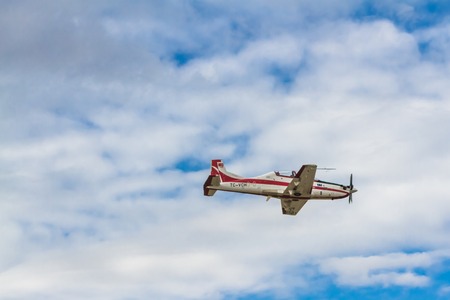 TURKEY, ESKÄ°ÅEHÄ°R - 21 SEPTEMBER 2014 - HÃ¼rkuÅ (Freebird), Turkey's first 100 percent Turkish made basic trainer aircraft flies at the Air Show on the occasion of the 103 anniversary of the Turkish Air Force.のeditorial素材
