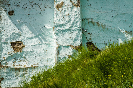 Green grass over blue cracked wall from an old houseの写真素材